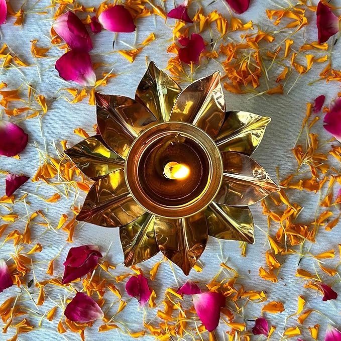Brass and Copper Lotus Flower Puja Diya